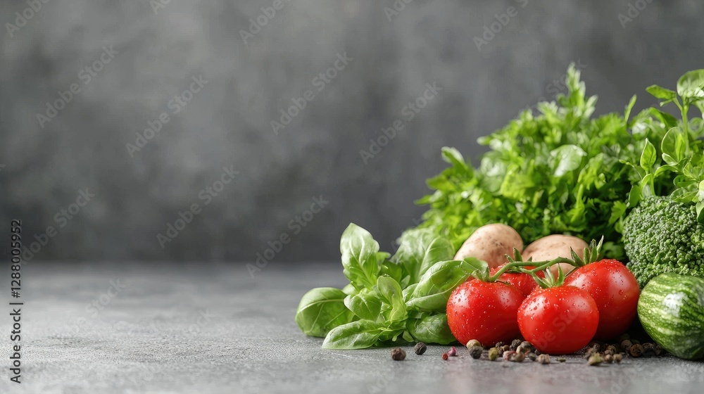 Fresh vegetables on gray background, healthy food concept Fresh vegetables on gray background, healthy food concept