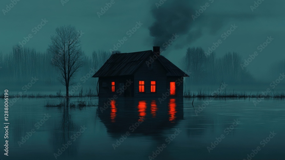 Fototapeta premium Flooded abandoned house in tranquil lake surrounded by trees and cloudy sky