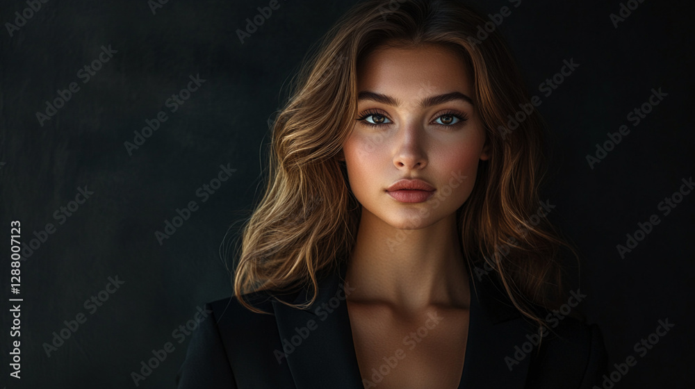 Fototapeta premium A striking portrait of a young woman with flowing hair and an elegant expression, set against a dark background. This image captures beauty, confidence, and poise.