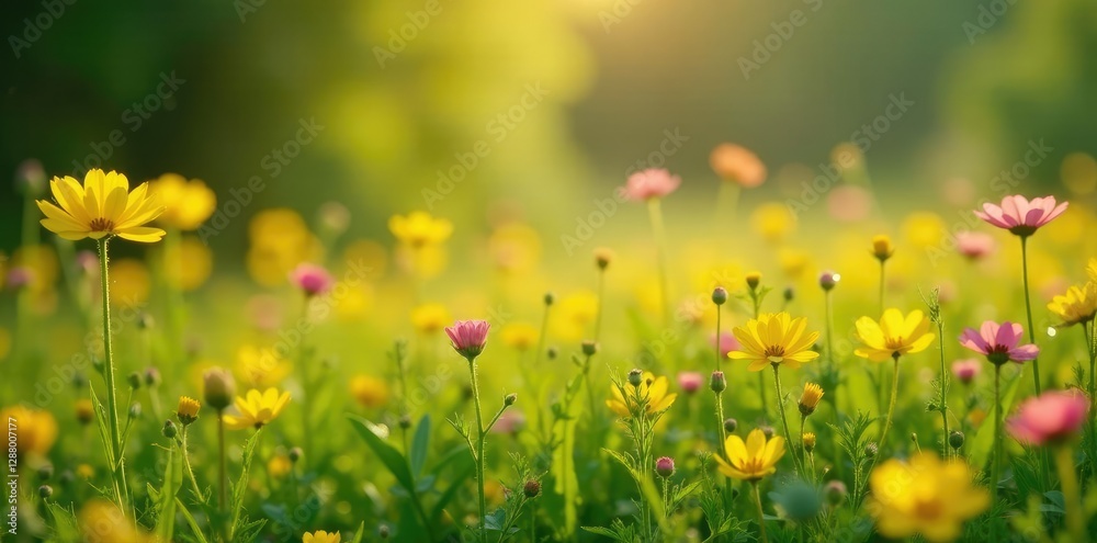 Fototapeta premium Meadow with yellow and pink flowers swaying gently in the morning dew, wildflowers, flora, yellow flowers