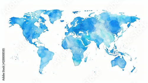 Blue Watercolor World Map. The world map in blue watercolor . Vintage style with stained edges.