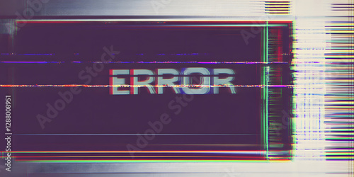 TV screen texture with glitch text ERROR. HDTV no signal problems. Bad TV signal on TV screen Noise of motion background lines. Glitch VHS concept. Glitch camera effect. Video rewind texture