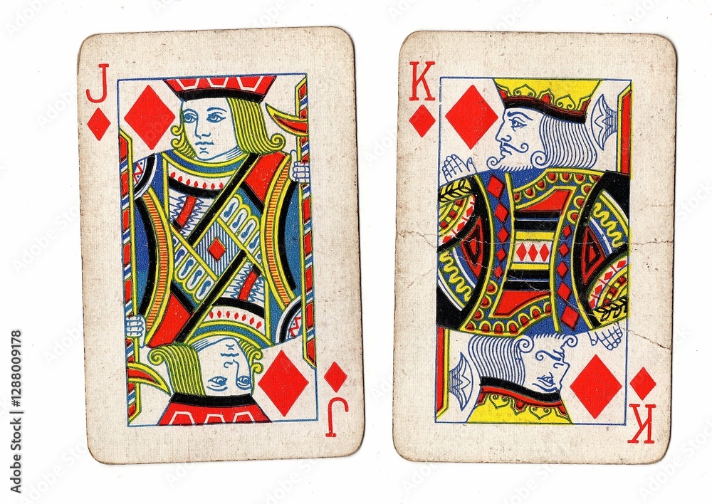 Obraz premium A blackjack or pontoon hand of vintage playing cards on a white background.