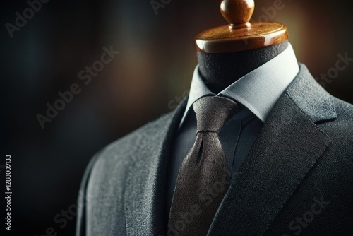 Formal gray suit on mannequin minimalist fashion display boutique environment professional aesthetic close-up perspective