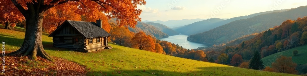 Rolling hills covered in autumn leaves and tall oak trees surrounding a peaceful cabin with a lake in the distance, leaves, cabin, hills Rolling hills covered in autumn leaves and tall oak trees surrounding a peaceful cabin with a lake in the distance, leaves, cabin, hills