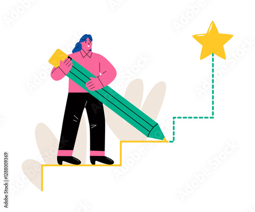 Business woman is drawing a way. Create path success concept. Flat vector illustration isolated on white background