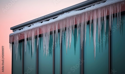 Large blocks of ice dangle from the glass facade of a tall skyscraper, capturing the beauty of winter weather in the city photo