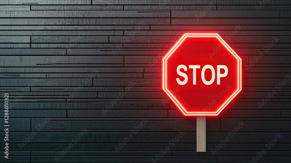 A bright red neon stop sign mounted against a dark wooden wall, symbolizing caution and halting action. A bright red neon stop sign mounted against a dark wooden wall, symbolizing caution and halting action.