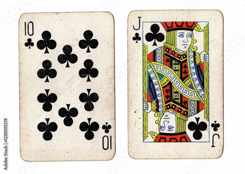 A blackjack or pontoon hand of vintage playing cards on a white background. photo