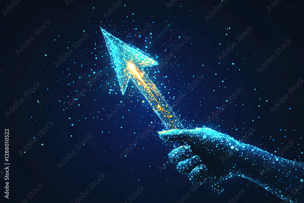 Naklejka premium Glowing Hand Holding Upward Arrow Digital Growth Concept Art