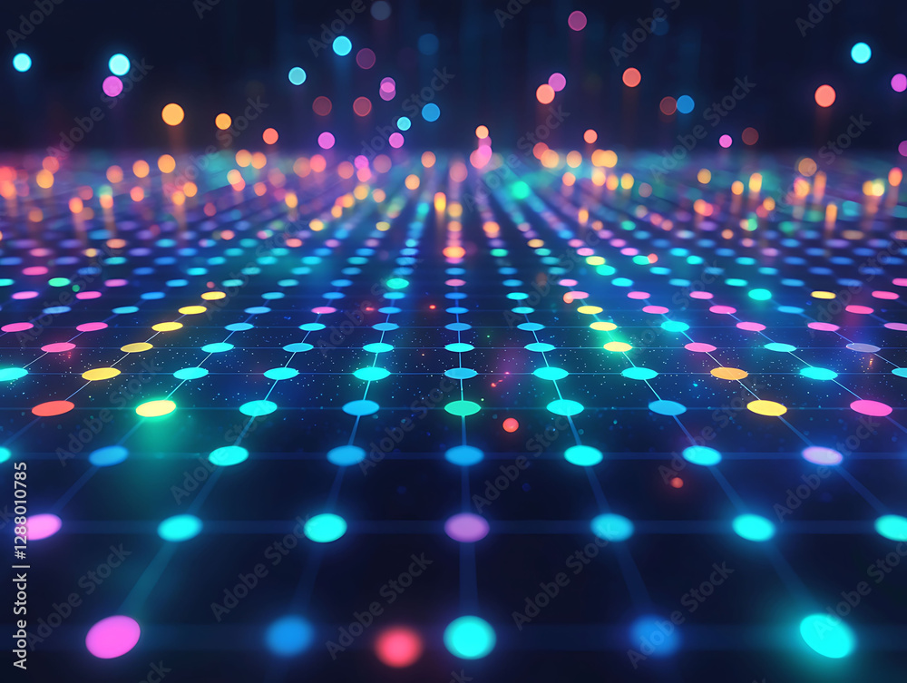 Obraz premium Vibrant abstract network visualization. Glowing nodes and connecting lines create a dynamic, futuristic grid. Perfect for tech, AI, data, connectivity, and digital concepts.