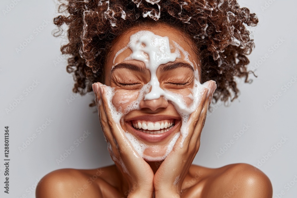 Fototapeta premium With a skin care beauty portrait, a young woman with freckles applies a white peeling product to her whole face, feeling overjoyed, as part of her dermatology and exfoliating routine