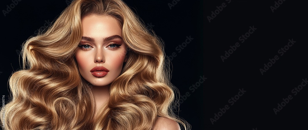 Fototapeta premium The image is a bright, intimate portrait of a woman with cascading blonde locks, her eyes closed, conveying a sense of peaceful beauty commonly used in shampoo ads