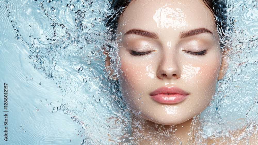 A woman with a calm face is shown surrounded by splashing water, conveying a sense of freshness, hydration, and natural beauty through effective skin care A woman with a calm face is shown surrounded by splashing water, conveying a sense of freshness, hydration, and natural beauty through effective skin care
