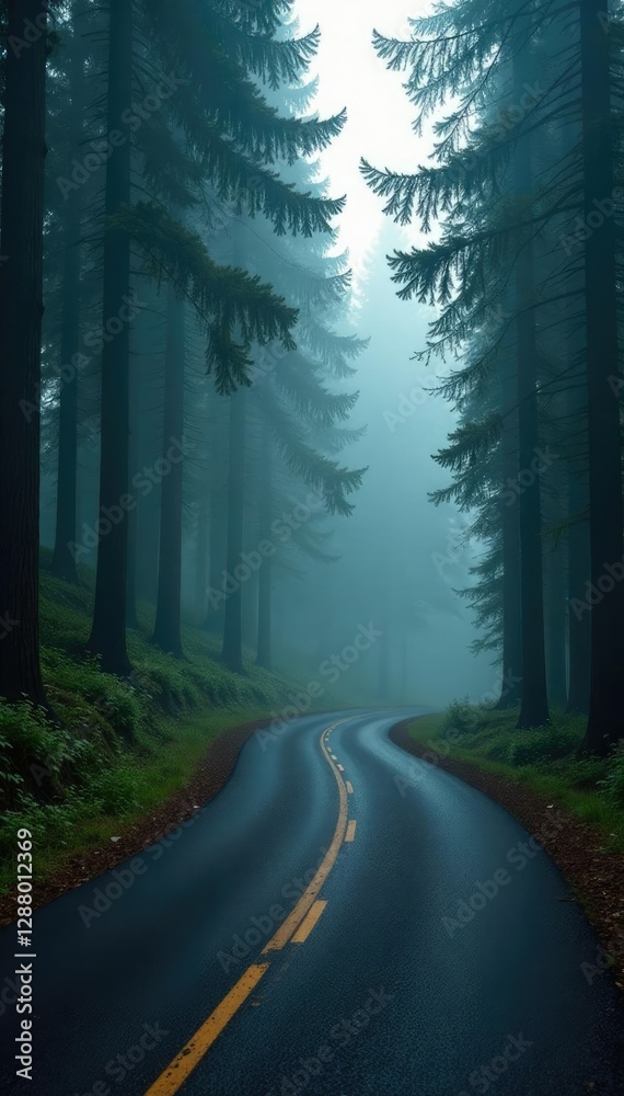 Obraz premium Vertical road winding through dense coniferous forest canopy, road, misty