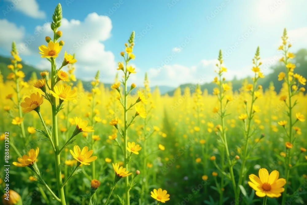 Vines of tall yellow flowers sway gently in the breeze, field, flowers Vines of tall yellow flowers sway gently in the breeze, field, flowers