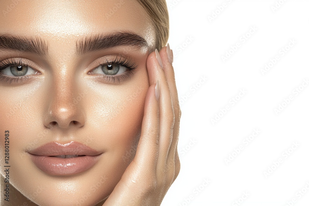 In a natural setting, a young Caucasian woman with pale skin, freckles, and blue eyes models a floral facial mask, posing for a camera in a skincare spa commercial with a magazine editorial look In a natural setting, a young Caucasian woman with pale skin, freckles, and blue eyes models a floral facial mask, posing for a camera in a skincare spa commercial with a magazine editorial look