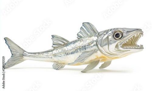 Silver barracuda fish sculpture on white background for design or decoration