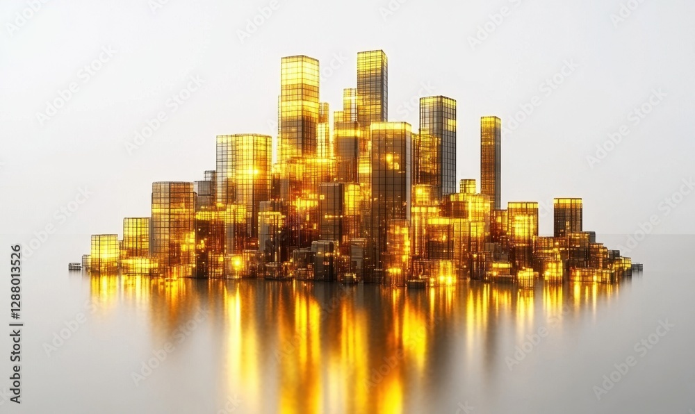 Golden city on island at night reflecting in water, futuristic cityscape Golden city on island at night reflecting in water, futuristic cityscape