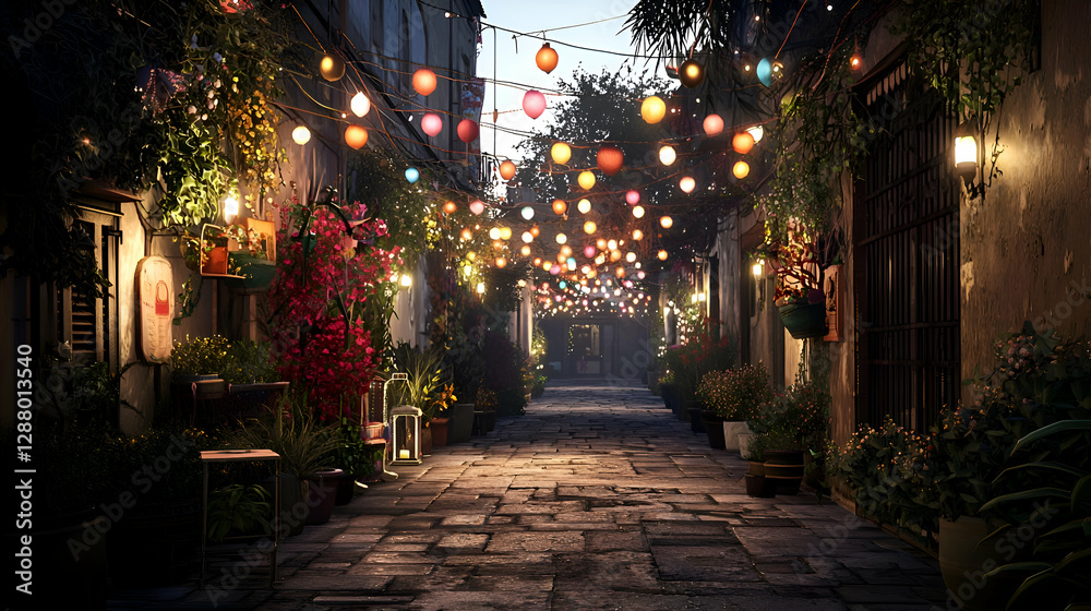 Fototapeta premium Romantic Night Scene in a Cobblestone Alleyway with Colorful Lanterns