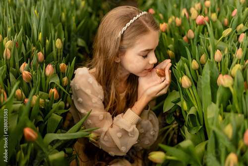 A cute charming girl in a light dress is photographed in a greenhouse with tulip flowers. Women's Day photo