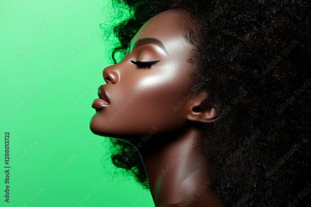 Obraz premium A profile view captures a woman with luxurious curly hair posed against a backdrop of texture