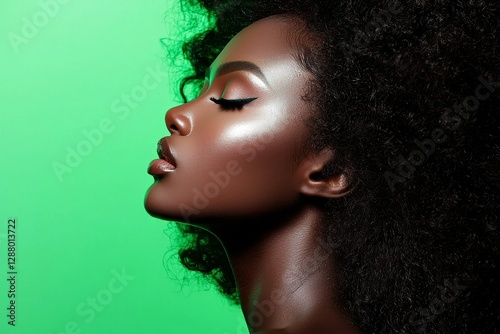 A profile view captures a woman with luxurious curly hair posed against a backdrop of texture