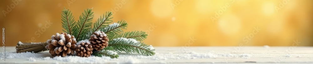 A bundle of snow-covered branches and pinecones against a warm gold background, pinecones, peaceful atmosphere, bundle A bundle of snow-covered branches and pinecones against a warm gold background, pinecones, peaceful atmosphere, bundle