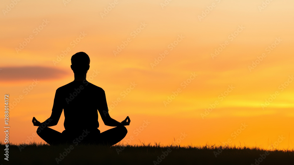 Meditating silhouette at sunset, creating peaceful atmosphere Meditating silhouette at sunset, creating peaceful atmosphere