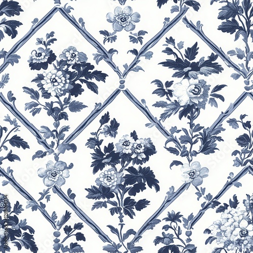 Blue And White Floral Diamond Lattice Pattern Designs And Prints For Home Decor Fabric And