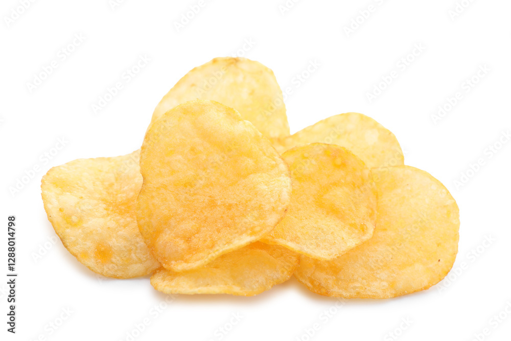 Pile of tasty potato chips isolated on white Pile of tasty potato chips isolated on white