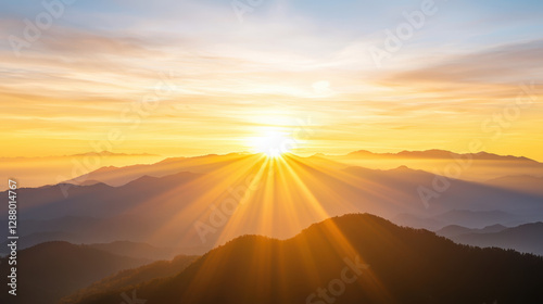 vibrant sunrise over mountains creates serene atmosphere