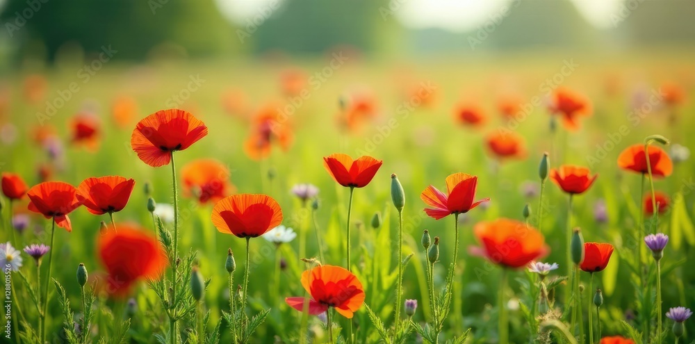 A colorful meadow filled with wild red poppies and other spring wildflowers, green, field A colorful meadow filled with wild red poppies and other spring wildflowers, green, field