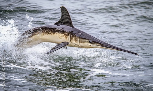 Swordfish leaps from ocean waves in dynamic wildlife action shot