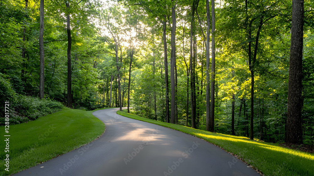 Obraz premium Winding Path Through Lush Green Forest at Sunset