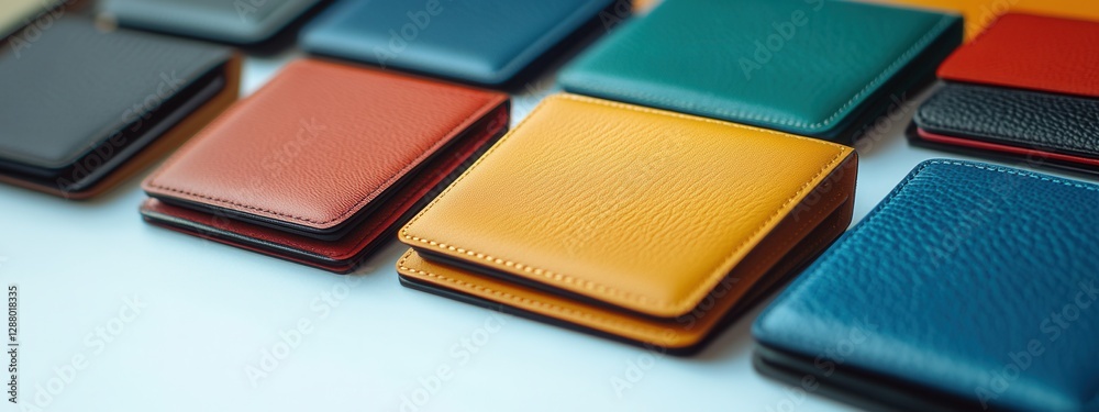 Fototapeta premium Colorful assortment of luxury leather wallets arranged neatly on a white surface, perfect for fashion enthusiasts