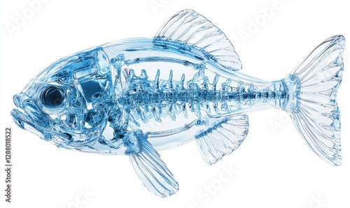 Translucent fish skeleton, anatomical study, white background, educational resource
