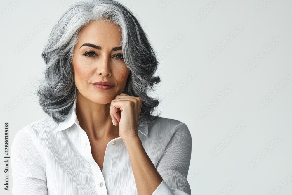 The portrait showcases a beautiful European woman in her 40s or 50s, a mature and gorgeous lady looking directly at the camera, set against a plain white background The portrait showcases a beautiful European woman in her 40s or 50s, a mature and gorgeous lady looking directly at the camera, set against a plain white background