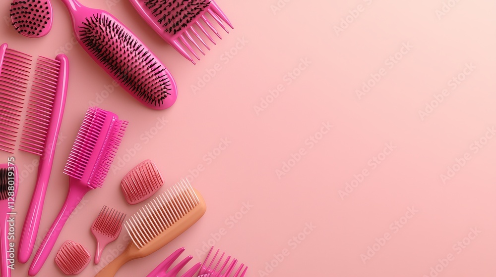 Against a delicate pastel pink background, a selection of pink and black hairbrushes are arranged in an orderly fashion, ideal for presenting beauty products and allowing ample space for text or Against a delicate pastel pink background, a selection of pink and black hairbrushes are arranged in an orderly fashion, ideal for presenting beauty products and allowing ample space for text or