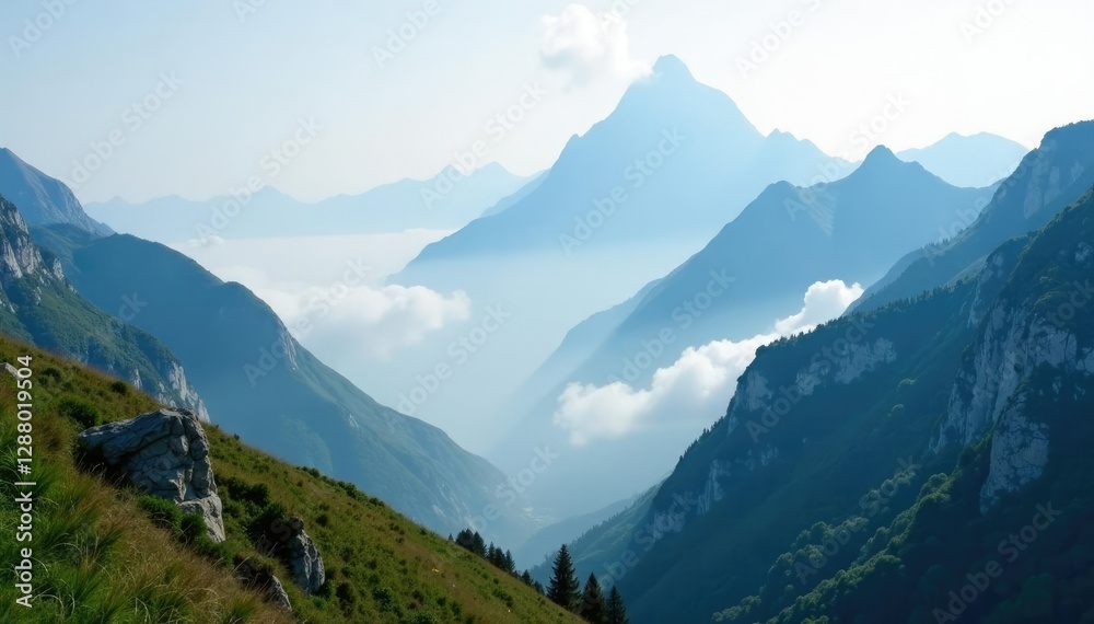 Fototapeta premium Dense fog swirls around rugged mountain peaks, serene landscape, misty peaks,