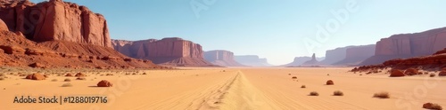 Dry desert landscape with rocky outcrops and sandy dunes , canyons, landscape photo