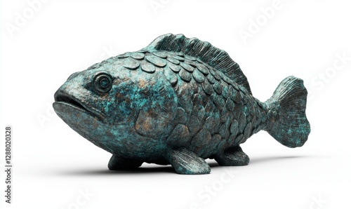 Verdigris metal fish sculpture on white background for home decor