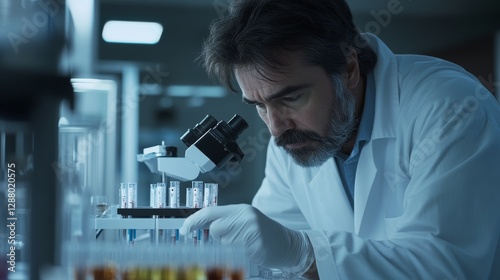 A criminal investigator working in a forensics lab analyzing a set of DNA samples. Featuring scientific rigor and analysis