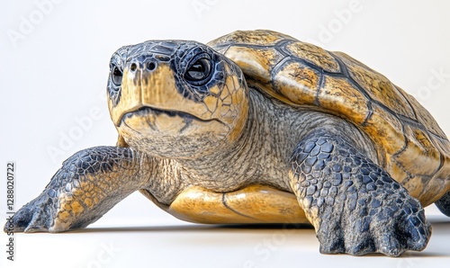 Turtle crawling on white background, studio shot for educational purposes