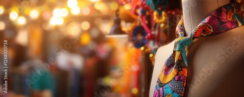 Whimsical mannequin with a quirky tie in a vibrant boutique fashion display colorful environment close-up view quirkiness and style