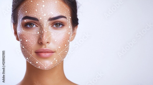 The image depicts a facial recognition system, featuring a woman with a digital biometric grid overlay on a light background, symbolizing beauty stock and skin analysis technology