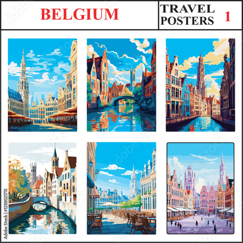 Belgium Brussels Bruges Antwerp Travel Poster Wall Art Print Collection Set Part 1
