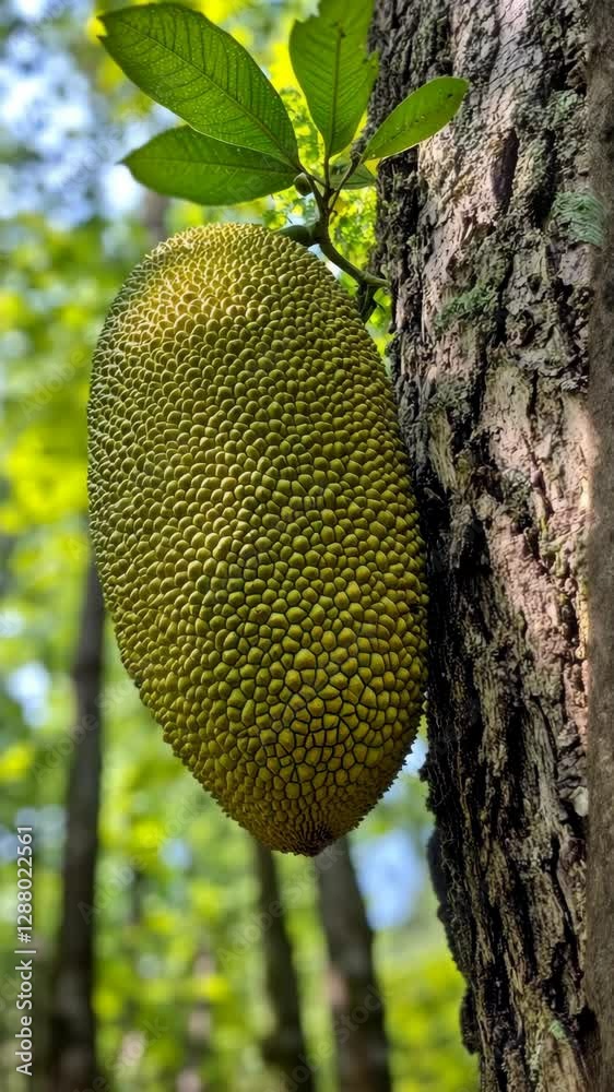 Large jackfruit hanging from a tree in a lush green forest during daylight Large jackfruit hanging from a tree in a lush green forest during daylight