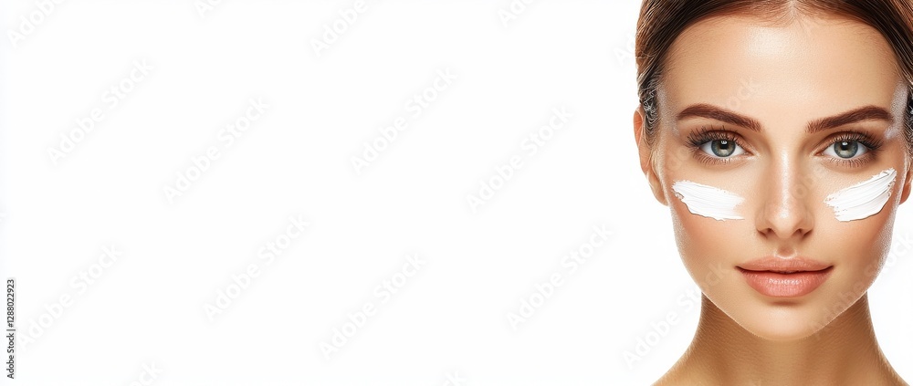 Fototapeta premium A lovely woman applies moisturizing cream to enhance her brilliant complexion and velvety skin, supporting a consistent skincare and beauty routine