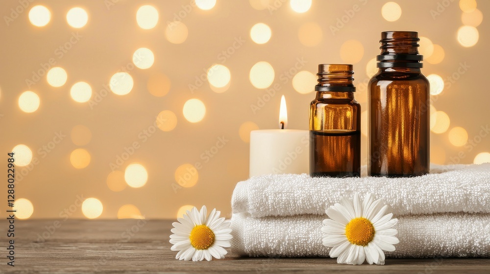 Aromatherapy oils stored in amber bottles are placed with soft towels and candles, forming a peaceful atmosphere that promotes overall wellness Aromatherapy oils stored in amber bottles are placed with soft towels and candles, forming a peaceful atmosphere that promotes overall wellness